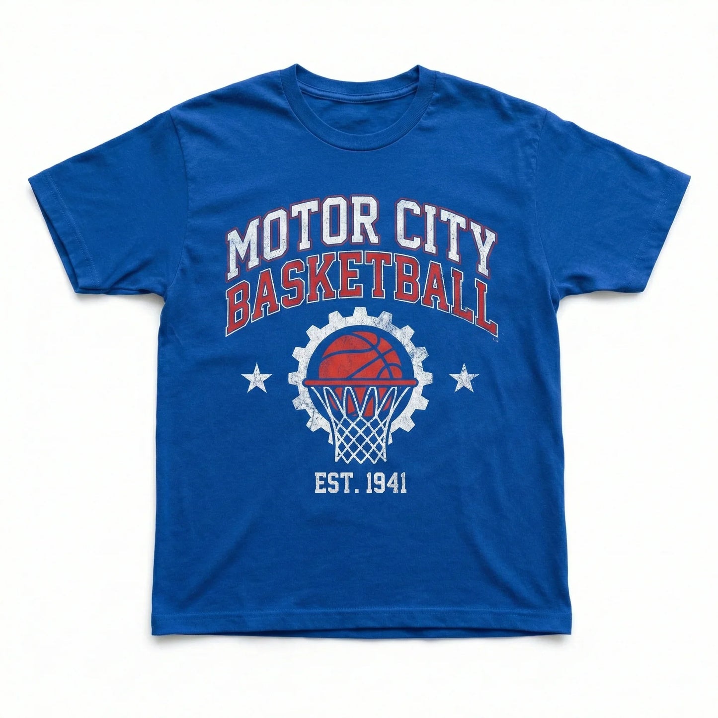 Blue Motor City Basketball t-shirt with gear, hoop, and basketball print, Est. 1941