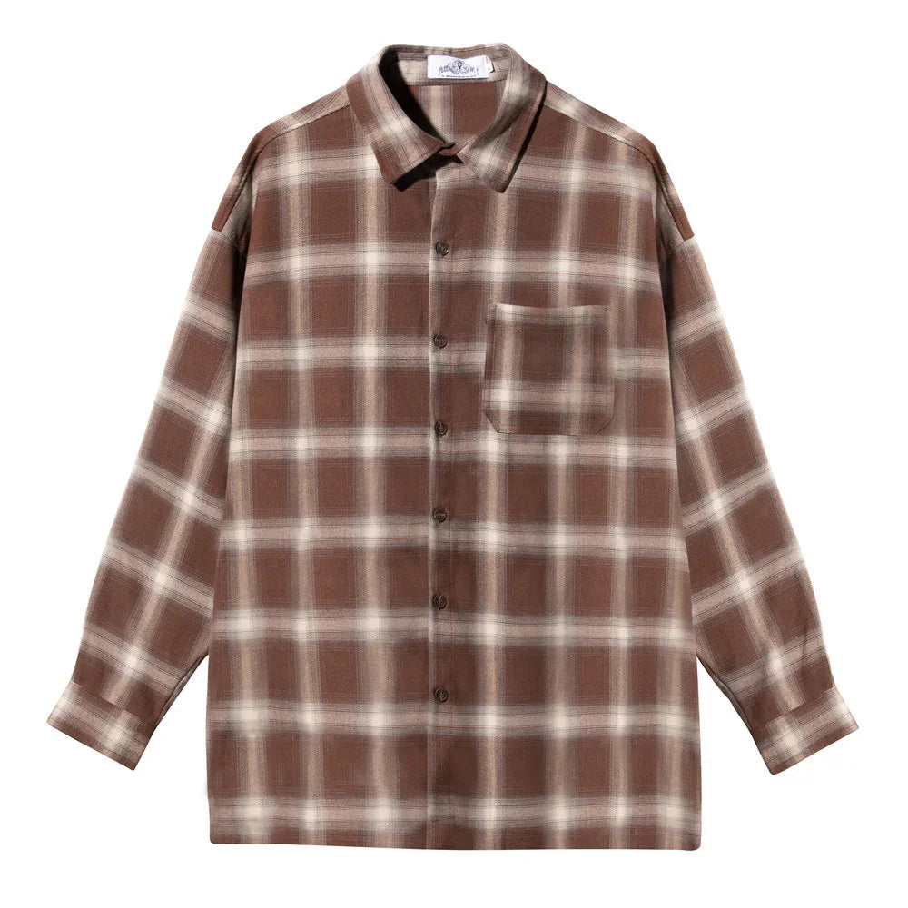 Brown plaid flannel shirt with long sleeves and front chest pocket, outdoor apparel
