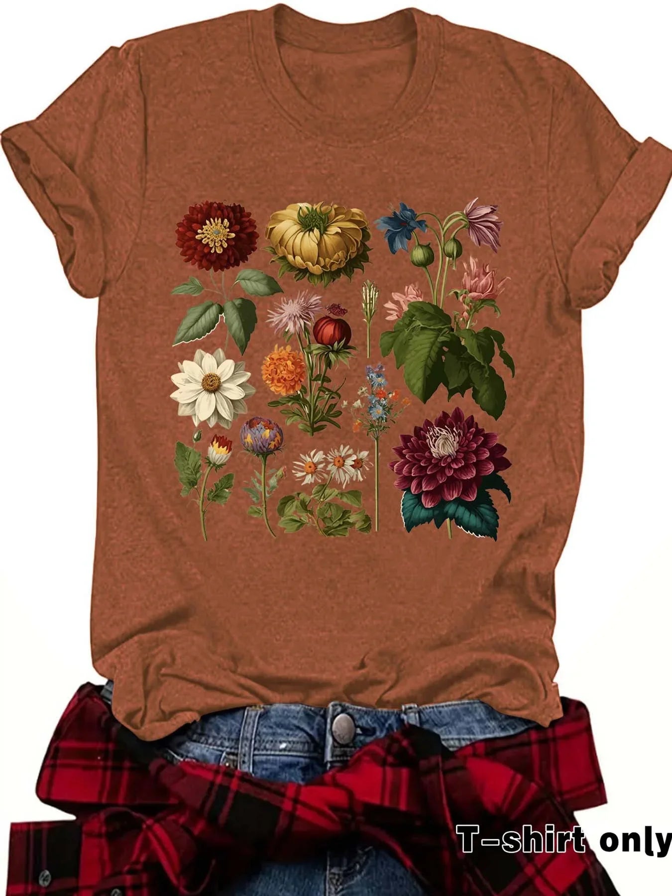Rust-colored t-shirt with colorful vintage flower print, casual outdoor style
