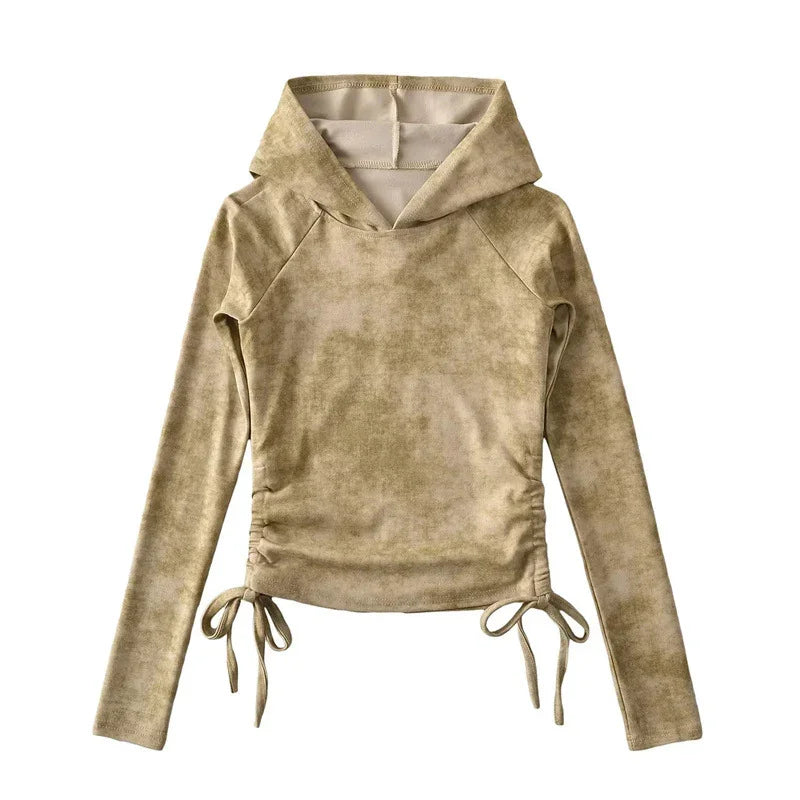 Beige long sleeve hoodie with side drawstrings for outdoor activities