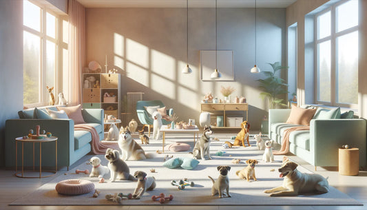 happy pets playing with stylish toys and accessories in a bright cozy room