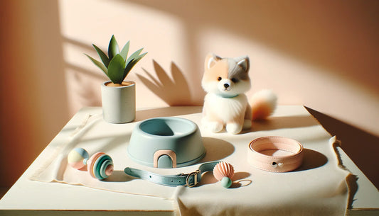 premium pet accessories arranged on pastel background in soft natural light