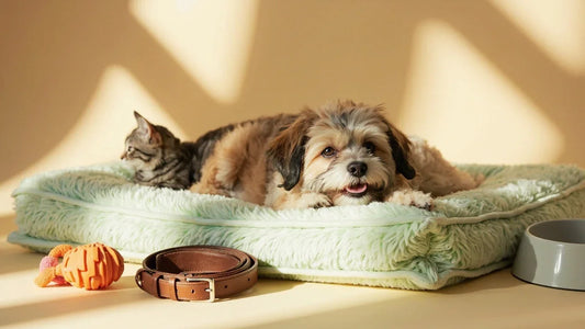 dog and cat with premium pet accessories in bright playful studio
