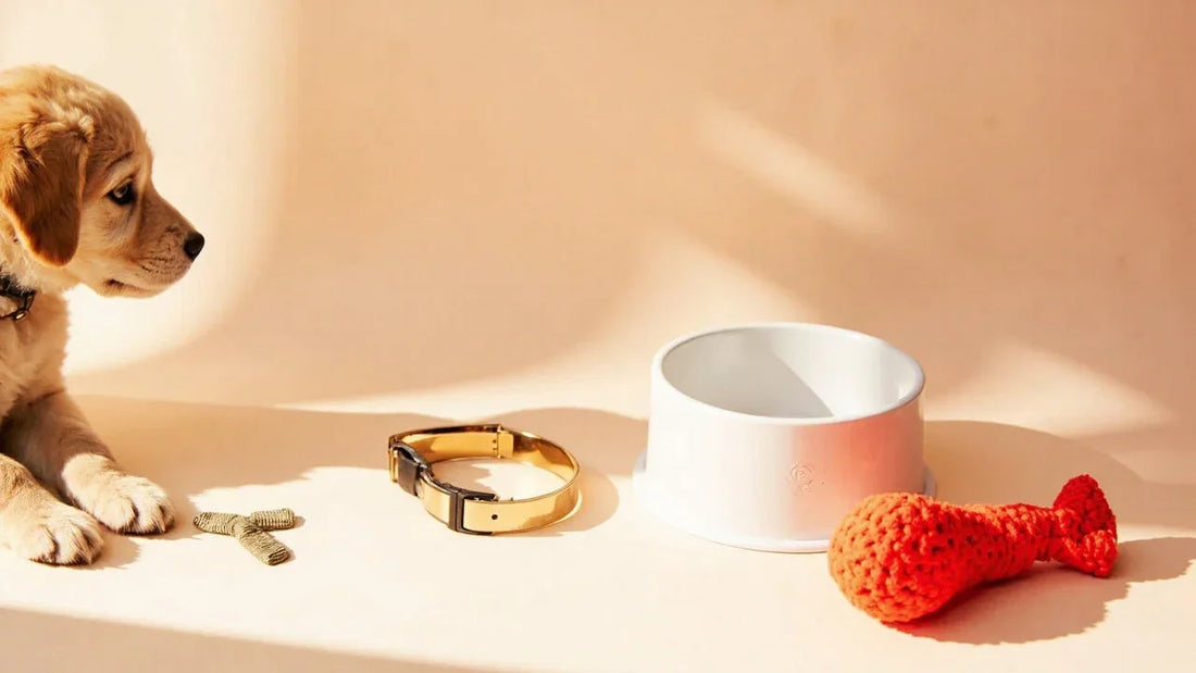 premium pet accessories with collar bowl and toy in bright studio light