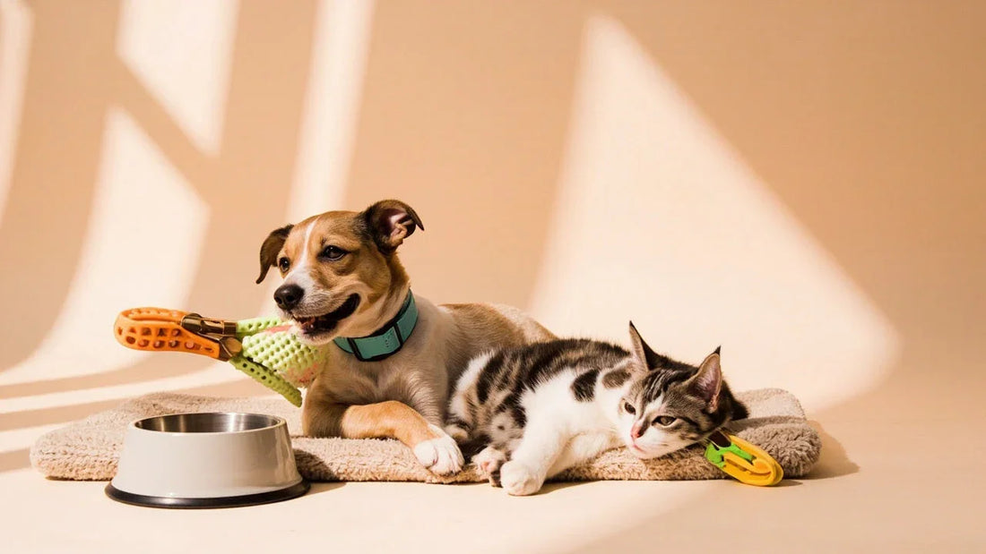 playful dog and cat with stylish pet accessories in bright modern setting
