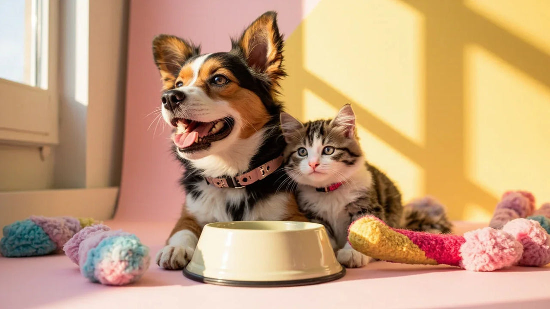 playful dog and cat with stylish accessories in bright modern setting