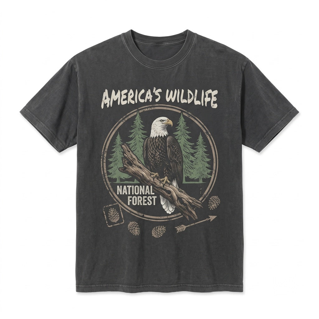 Vintage Bald Eagle Pine Forest Graphic American Wildlife Rustic Nature Lover Gift Unisex TShirt