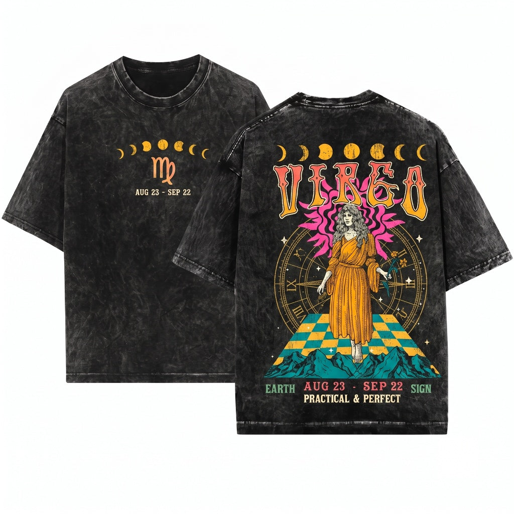 Virgo Vintage Celestial Zodiac Astrology Graphic Birthday Gift Unisex Wash T-Shirt