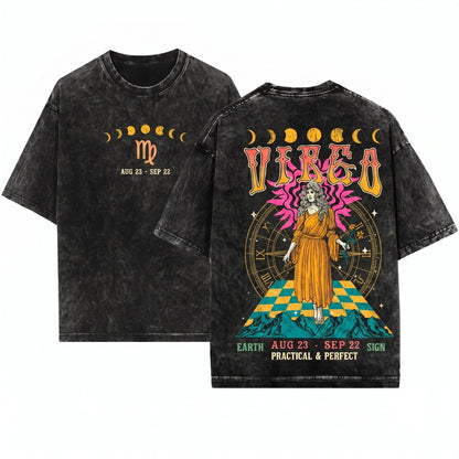 Virgo Vintage Celestial Zodiac Astrology Graphic Birthday Gift Unisex Wash T-Shirt