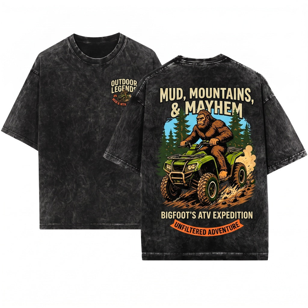 Funny Bigfoot Sasquatch Cryptid ATV Quad 4-Wheeler Off-Road Rider Gift Unisex Wash T-Shirt