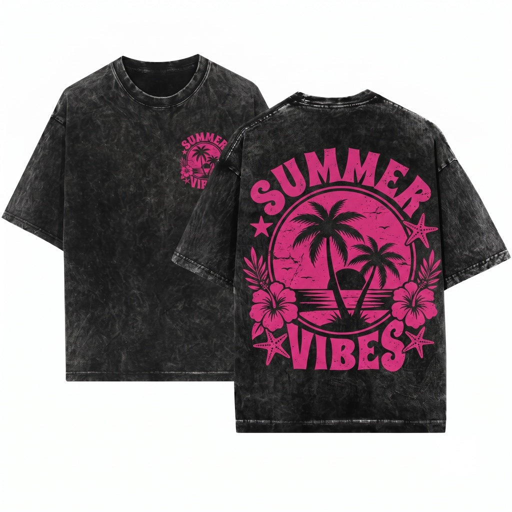 Summer Vibes Beach Fun Palm Tree Tropical Sunshine Unisex Wash T-Shirt