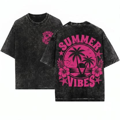 Summer Vibes Beach Fun Palm Tree Tropical Sunshine Unisex Wash T-Shirt