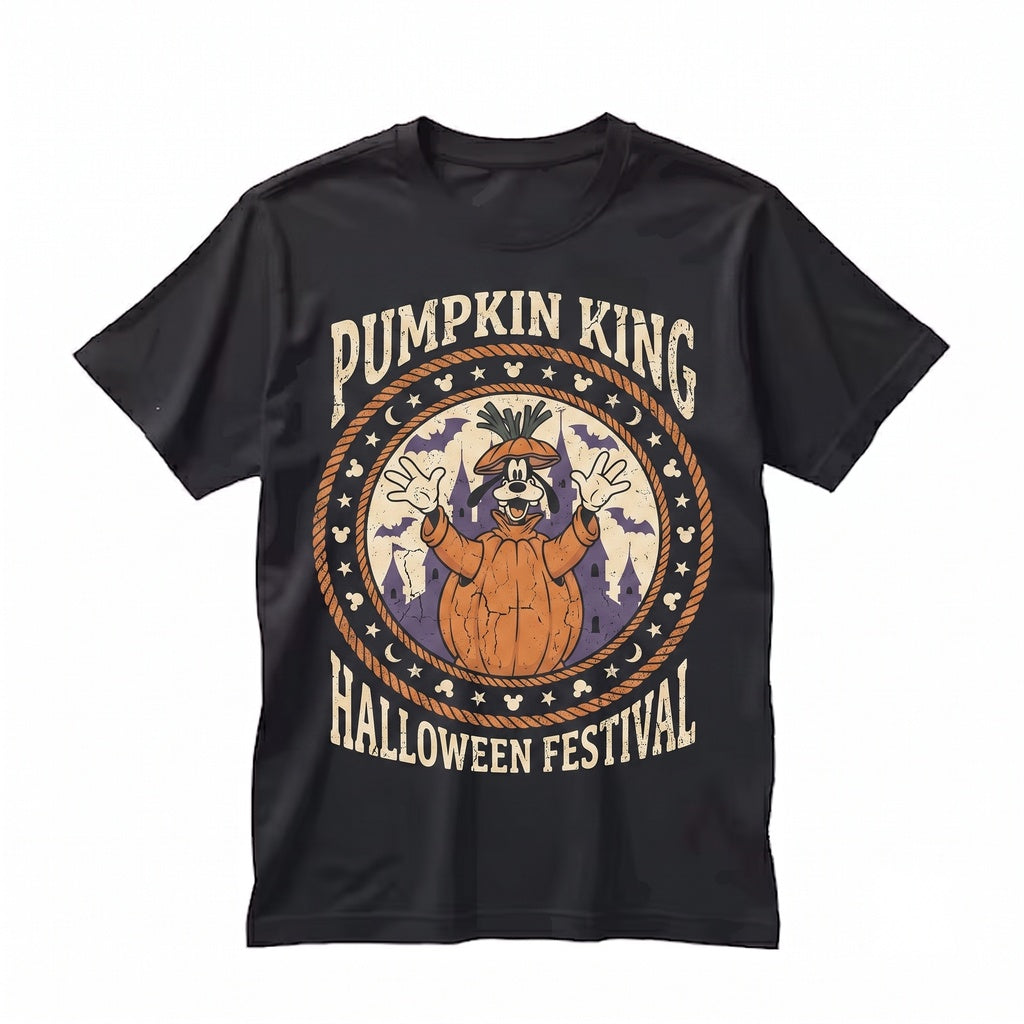 Spooky Theme Park Halloween Cartoon Mouse Dog Character Pumpkin Castle Bats Ghosts Party Graphic Unisex TShirt