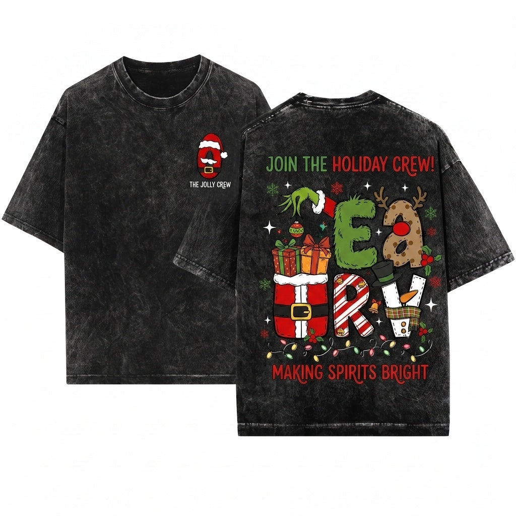 Custom Name Christmas Doodles Letters Santa Snowman Reindeer Matching Unisex Wash T-Shirt