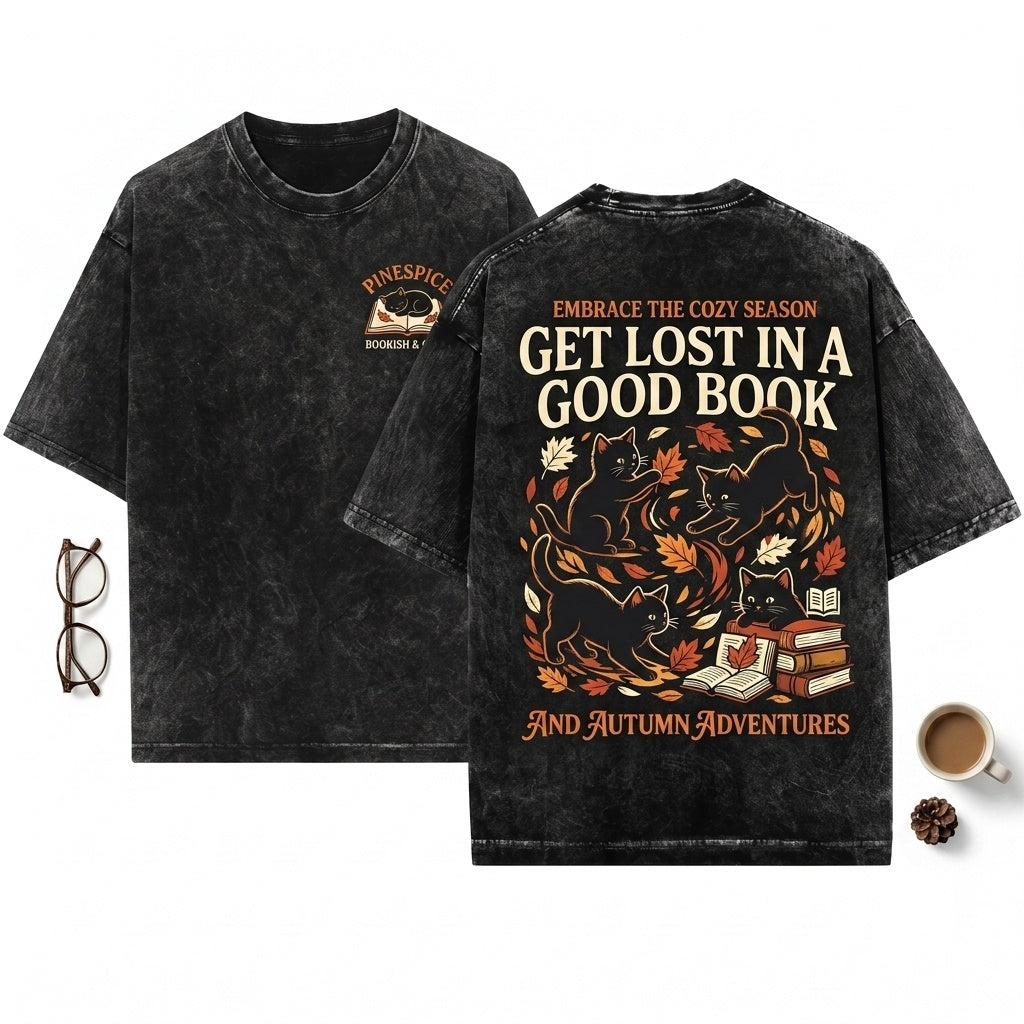 Black Cats Fall Leaves Embroidered Cozy Autumn Halloween Tee Unisex Wash T-Shirt