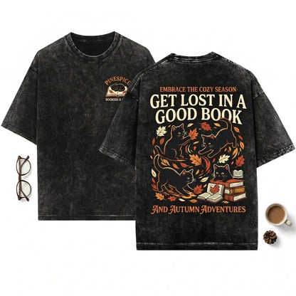 Black Cats Fall Leaves Embroidered Cozy Autumn Halloween Tee Unisex Wash T-Shirt