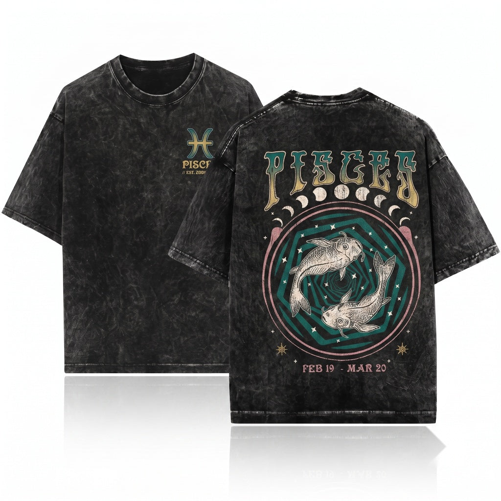Retro Pisces Zodiac Astrology Graphic Unisex Wash T-Shirt