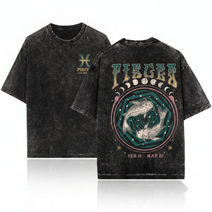 Retro Pisces Zodiac Astrology Graphic Unisex Wash T-Shirt