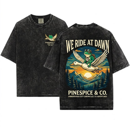 We Ride at Dawn Funny Frog Goose Embroidered 1717 Chaotic Animal Whimsical Gamer Gift Unisex Wash T-Shirt