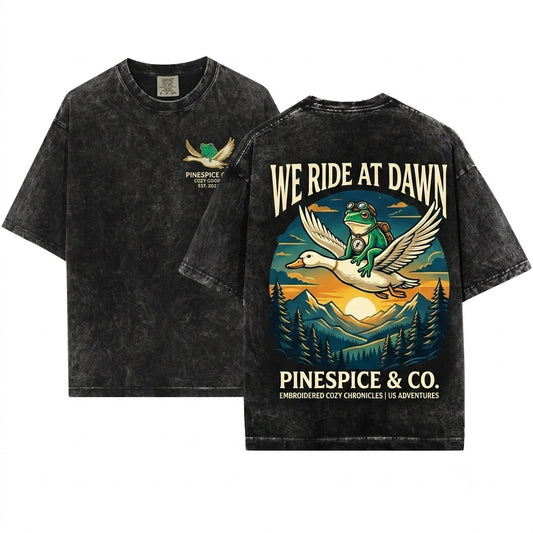 We Ride at Dawn Funny Frog Goose Embroidered 1717 Chaotic Animal Whimsical Gamer Gift Unisex Wash T-Shirt