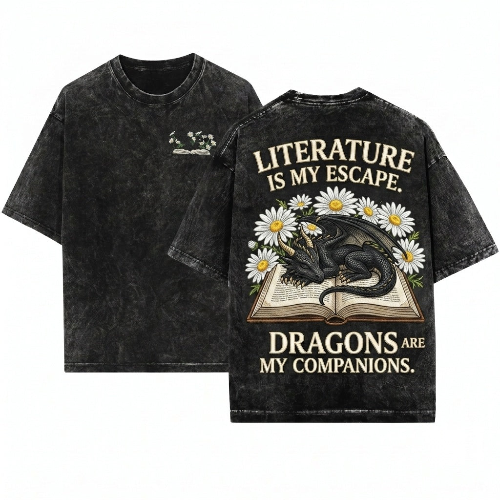 Dragon Daisies Embroidered Book Lover Cozy Gildan 18000 Gift Unisex Wash T-Shirt