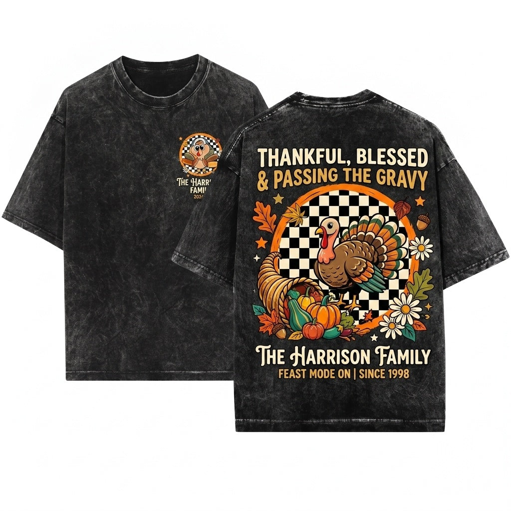 Checkered Cute Boys Girl Turkey Brushstroke Cap Thanksgiving Unisex Wash T-Shirt