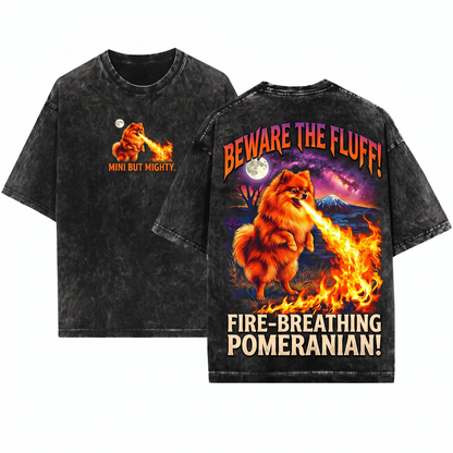 Funny Pomeranian Kaiju Tee 2 Vintage Comic Monster Pom Dog Mom Gift Weird Fire-Breathing Pet Humor Unisex Heavyweight Garment-Dyed T-Shirt