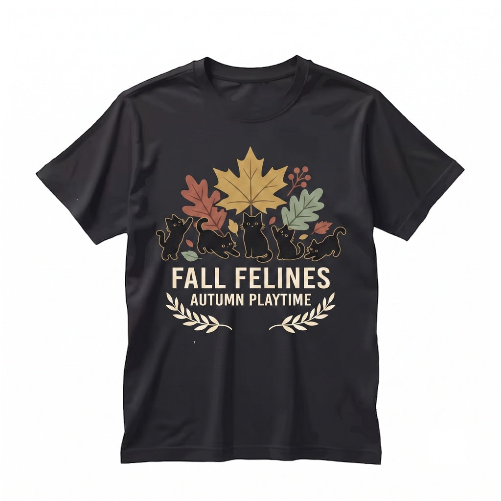 Black Cat Fall Leaves Embroidered Cozy Autumn Feline Lover Gift Unisex TShirt
