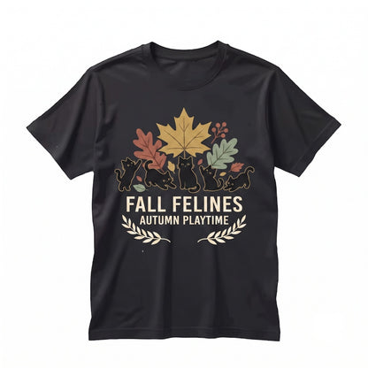 Black Cat Fall Leaves Embroidered Cozy Autumn Feline Lover Gift Unisex TShirt