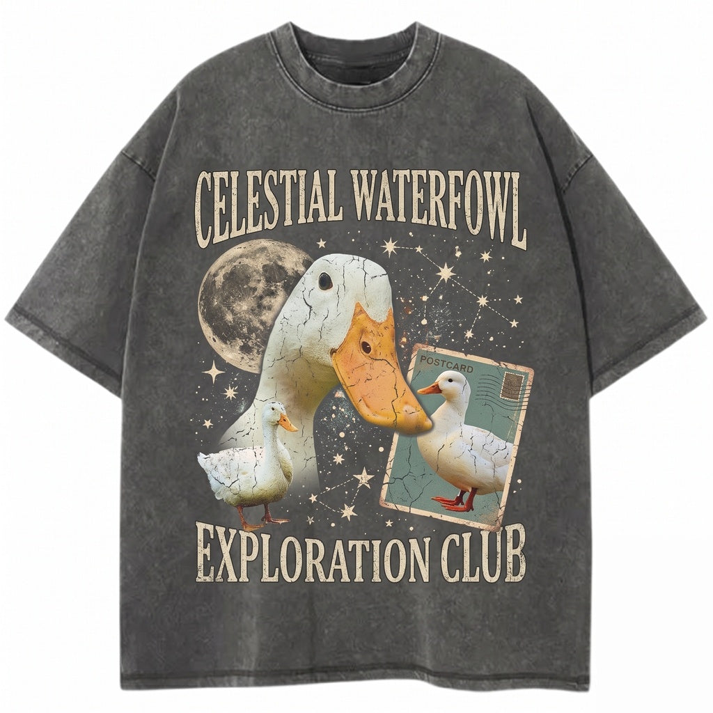 Three Call Duck Moon Cute White Bantam Duckling Pet Poultry Galaxy Vintage Wash Retro Farm Bird Lover Unisex TShirt