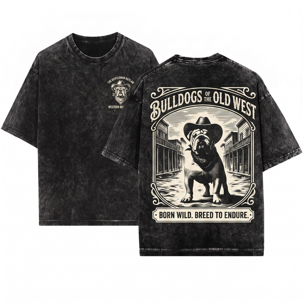 Wild West Town English Bulldog Cowboy Vintage Retro Mom Dad Gift Unisex Wash T-Shirt