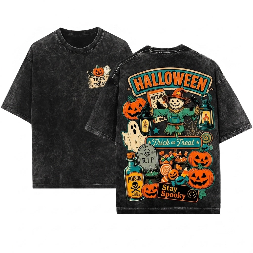 Vintage Halloween Pumpkin Ghost Trick or Treat Doodles Unisex Wash T-Shirt