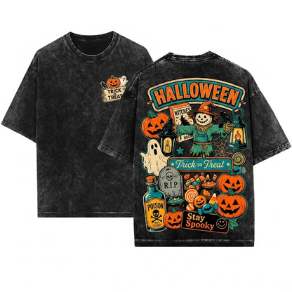 Vintage Halloween Pumpkin Ghost Trick or Treat Doodles Unisex Wash T-Shirt