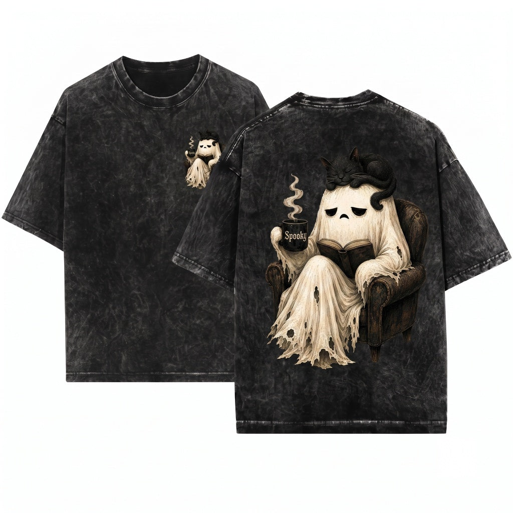 Cute Ghost Reading Book Black Cat Spooky Coffee Halloween Graphic Lover Gift Unisex Wash T-Shirt