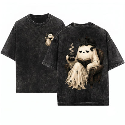 Cute Ghost Reading Book Black Cat Spooky Coffee Halloween Graphic Lover Gift Unisex Wash T-Shirt