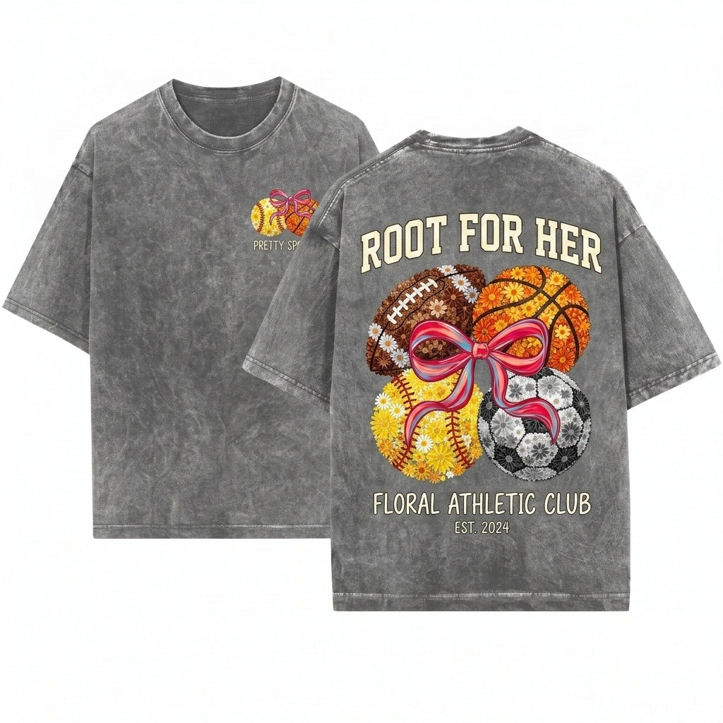 Floral Coquette Bow Baseball Volleyball Football Sport Ball School Team Game Day Graphic Unisex Wash T-Shirt