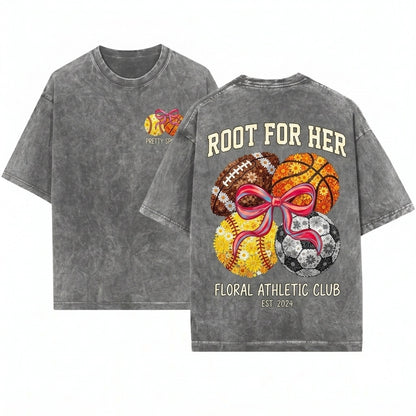 Floral Coquette Bow Baseball Volleyball Football Sport Ball School Team Game Day Graphic Unisex Wash T-Shirt