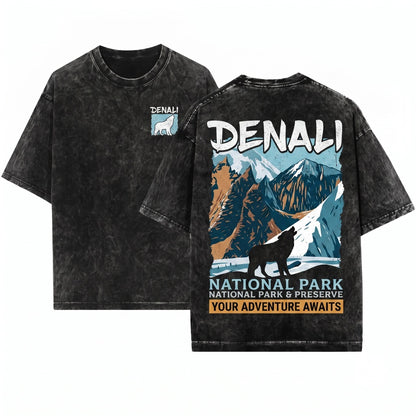 Denali National Park Alaska Wolf Wildlife Outdoor Adventure Camping Hiking Travel Souvenir Gift Unisex Wash T-Shirt