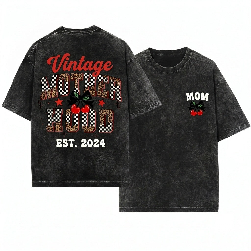 Retro Checkered Leopard Cherry Coquette Trendy Edgy Mama Motherhood Graphic Gift Unisex Wash T-Shirt