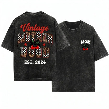 Retro Checkered Leopard Cherry Coquette Trendy Edgy Mama Motherhood Graphic Gift Unisex Wash T-Shirt