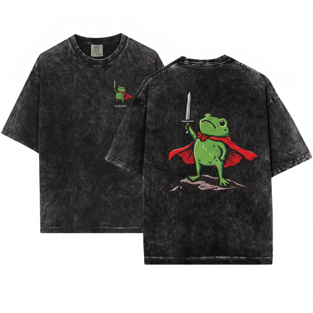 Huzzah Medieval Embroidered Sword Frog Renaissance Faire Funny DnD Gift Unisex Wash T-Shirt