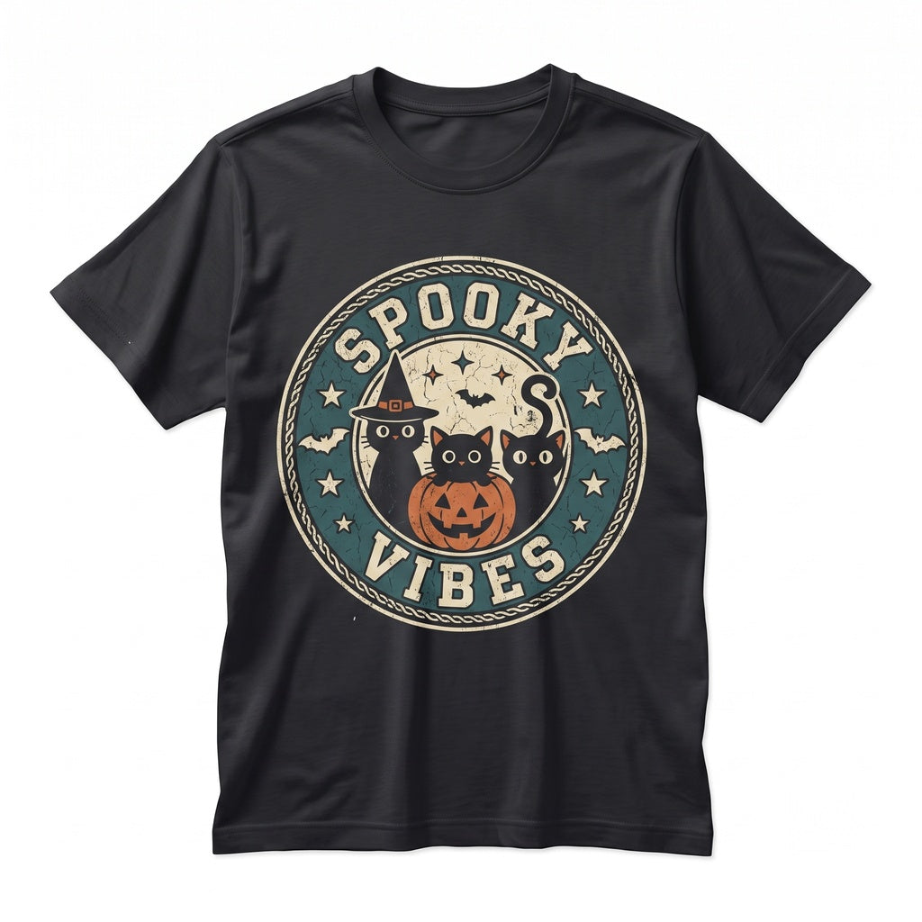 Spooky Vibes Halloween Pumpkin Jack-o-Lantern Black Cat Fall Crewneck Sweater Pullover Unisex TShirt