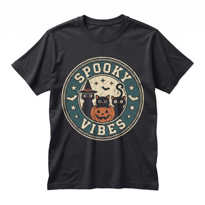 Spooky Vibes Halloween Pumpkin Jack-o-Lantern Black Cat Fall Crewneck Sweater Pullover Unisex TShirt