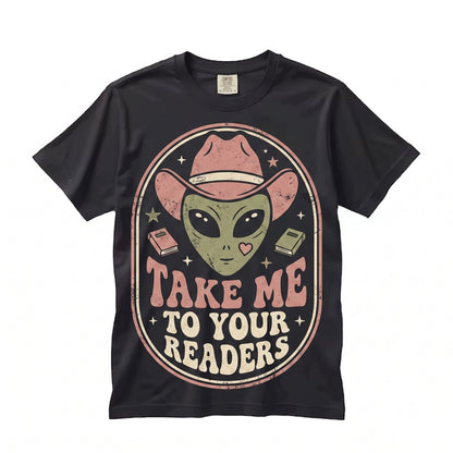 Cute Alien Reading Teacher Graphic Book Lover Classroom Whimsical School Library Style Gift Apparel Unisex TShirt