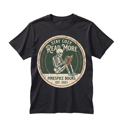 Embroidered Skeleton Reading Book Coffee Spooky Fall Vibes Boo Basket Lover Unisex TShirt