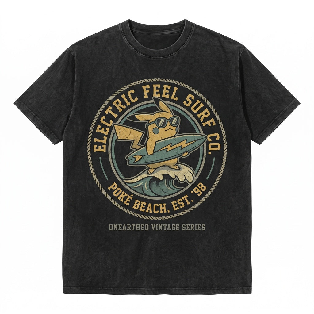 Surfing Electric Mouse Vintage Wash Retro Anime Graphic Cute Boys Girls Unisex TShirt