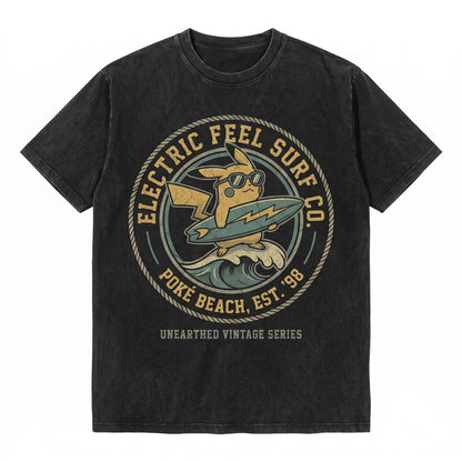 Surfing Electric Mouse Vintage Wash Retro Anime Graphic Cute Boys Girls Unisex TShirt