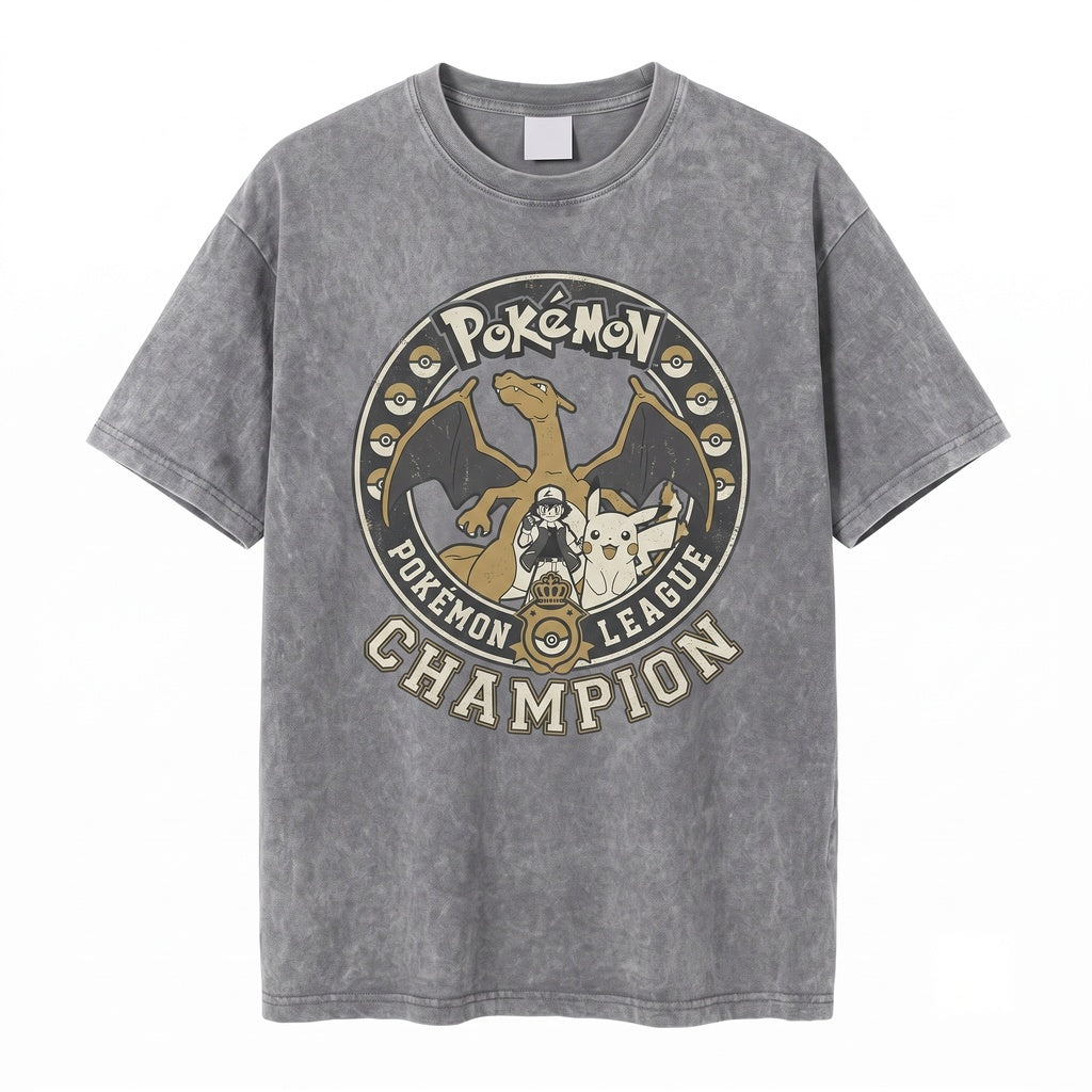 Ash Ketchum Charizard Vintage Wash Pikachu Anime Graphic Retro 2-Sided Oversized Manga Fan Gift Unisex TShirt