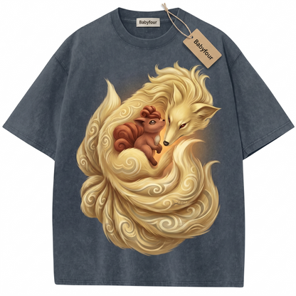 Vintage Nine-Tailed Fox & Fire Cub Anime Graphic Unisex T-Shirt