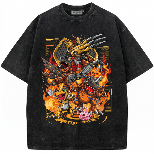 Retro Digital Monster Graphic Tee - Vintage Orange Dinosaur Anime Unisex T-Shirt